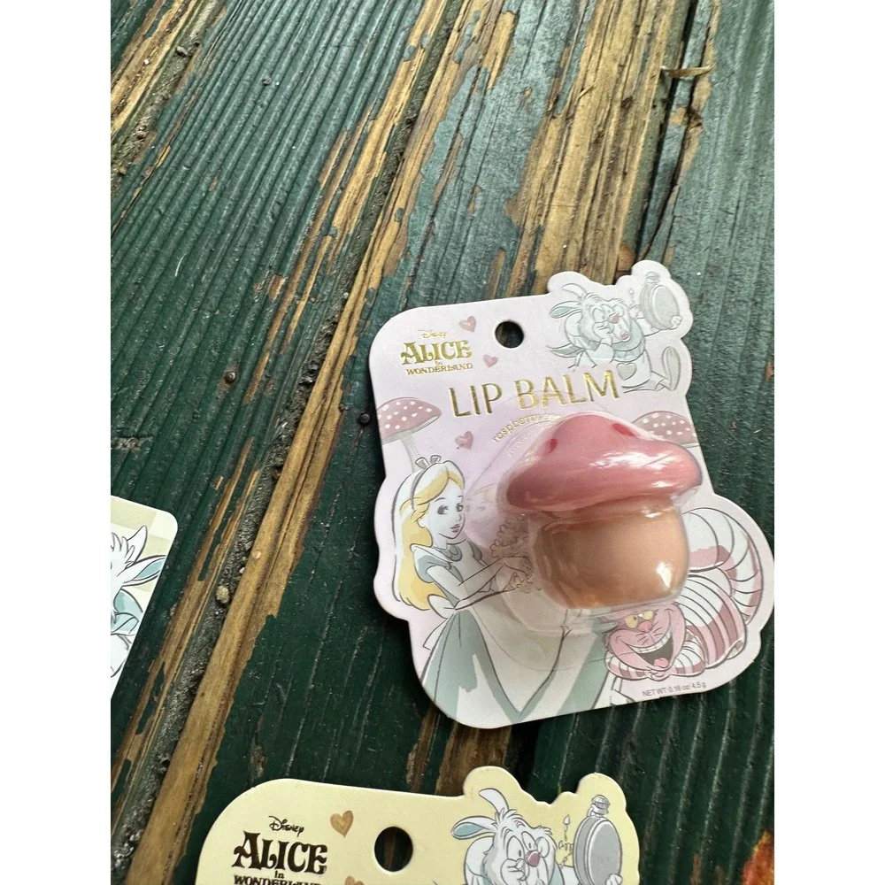 Disney‎ Alice in Wonderland Lip Balm Set Mushroom Vanilla Raspberry White Rabbit